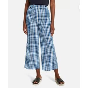 Theory Nadeema Pants Women 2 Blue Dillion Plaid Wide Leg Crop Linen Blend Preppy